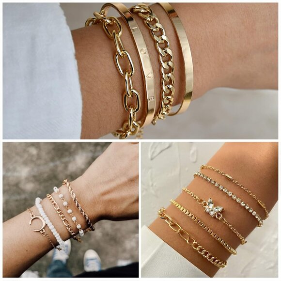 Gold Plated Jewelry Set for Women Girls Multi Layer Necklace Bracelets Rings Ear - Picture 3 of 8
